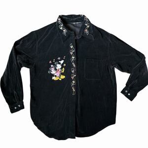 Vintage Disney Mickey Mouse Minnie Embroidered Velvet Long Sleeve Button Up Sz L